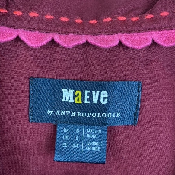 Anthropologie Red Embroidered Floral Button Front Long Sleeve Top by Maeve 6 - Picture 8 of 9